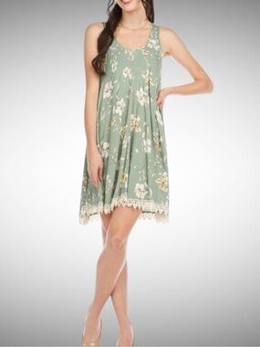 Papillon Blanc Sage Green Floral Mini Dress with Lace Trim